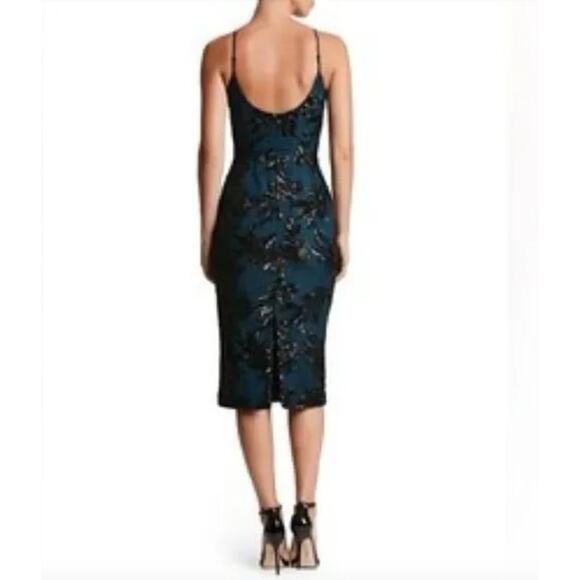 DRESS THE POPULATION Dress Size XS Midi Navy Blue Lace Black Sequin Ashley $258 - Picture 2 of 7